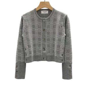Thom Browne Grey Plaid Crew Neck Knitted Cardigan